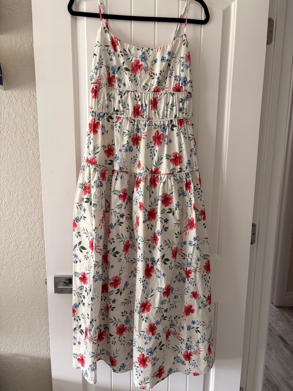 Cream Floral Midi Sundress with Red Print